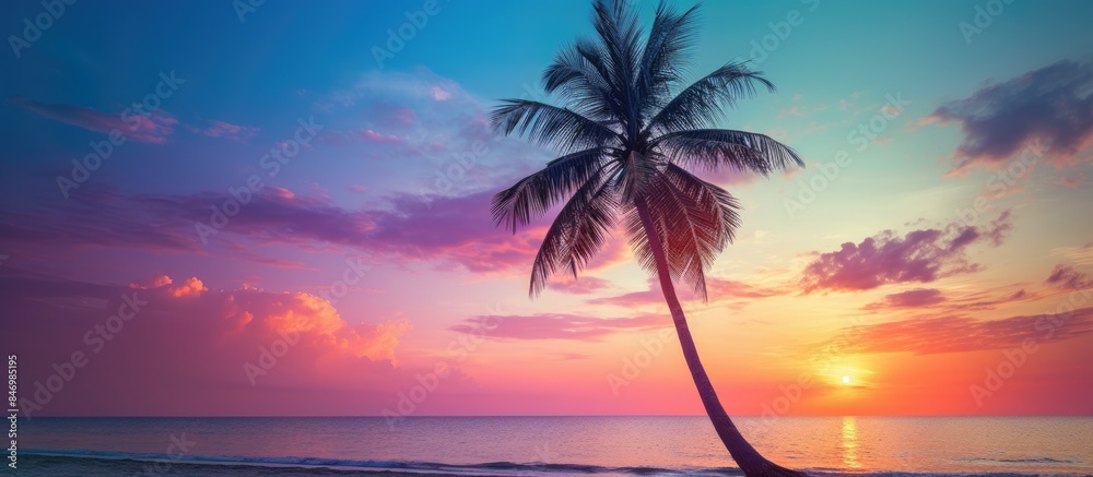 Poster palm tree standing alone on sandy beach with vibrant sunset skies in the background. with copy space