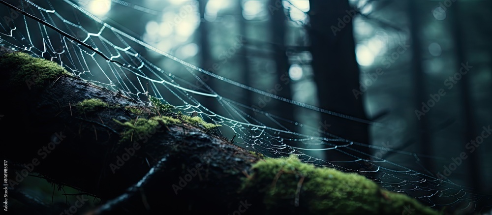 Aufkleber A detailed view of a spider web in a dense forest with a tree in the background, showcasing intricate patterns and selective focus. with copy space image. Place for adding text or design