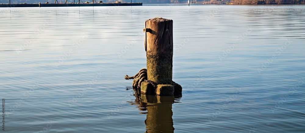 Poster Wooden post emerging from the water's surface in the middle of a serene lake, providing mooring for boats. with copy space image. Place for adding text or design
