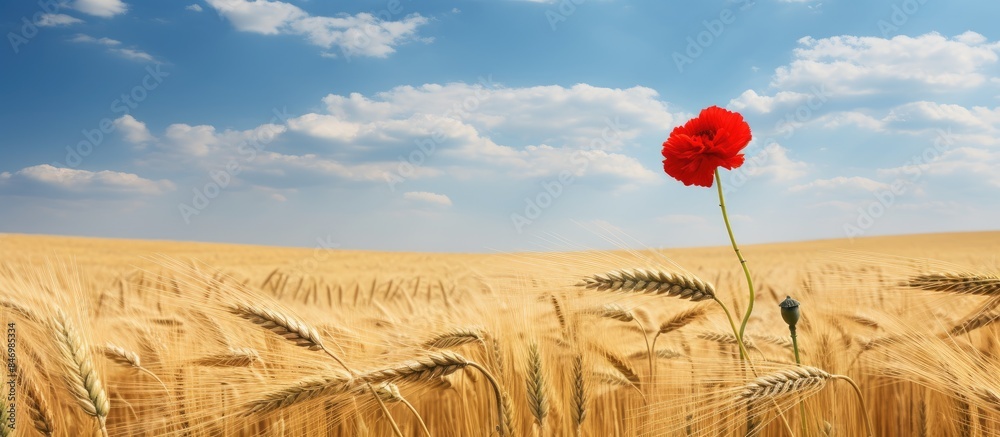Leinwandbilder lone poppy flower stands out in the midst of a lush wheat field under the summer sky. with copy spac