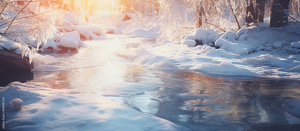 Poster Snow slowly melting under the warm sunlight transforms into slick icy patches as temperatures drop in the cold weather. with copy space image. Place for adding text or design