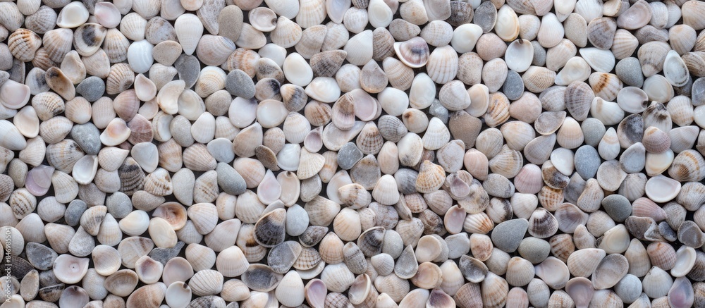 Poster Pile of assorted seashells on sandy beach ground up close, creating a natural texture. with copy space image. Place for adding text or design