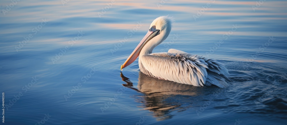 Poster Pelican soaring smoothly over rippled waters in a slow pan shot. with copy space image. Place for adding text or design