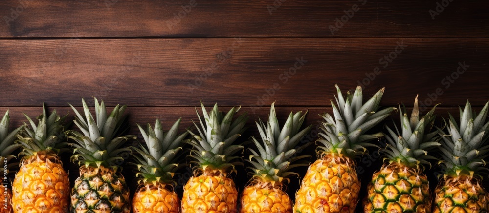 Poster pineapples neatly arranged in a row on a rustic wooden table, creating a visually appealing display.
