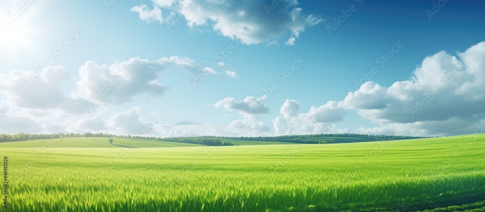 Aufkleber serene and tranquil scene of a lush green meadow under a clear blue sky with fluffy white clouds in 