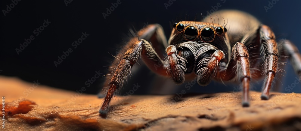 Poster A detailed close-up of a spider on a rock, highlighted against a vivid blue background. with copy space image. Place for adding text or design