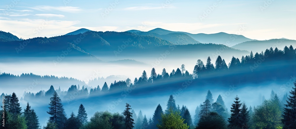 Poster silhouette of mist-covered mountains against a blue sky, surrounded by a dense green forest with pin