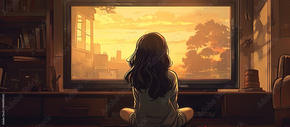 Aufkleber a girl sitting by a window in the city, watching the sunset over the cityscape outside. with copy sp
