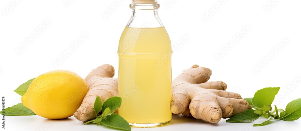 Poster Close-up shot of a refreshing bottle of ginger lemonade placed next to a sliced lemon and fresh ginger. with copy space image. Place for adding text or design