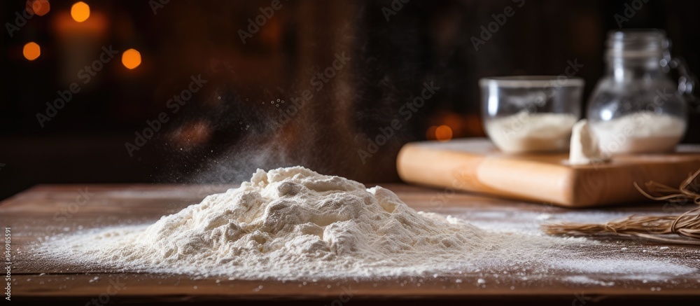 Poster Flour being sprinkled onto a heap of flour on a rustic wooden table, preparing for pasta making. with copy space image. Place for adding text or design