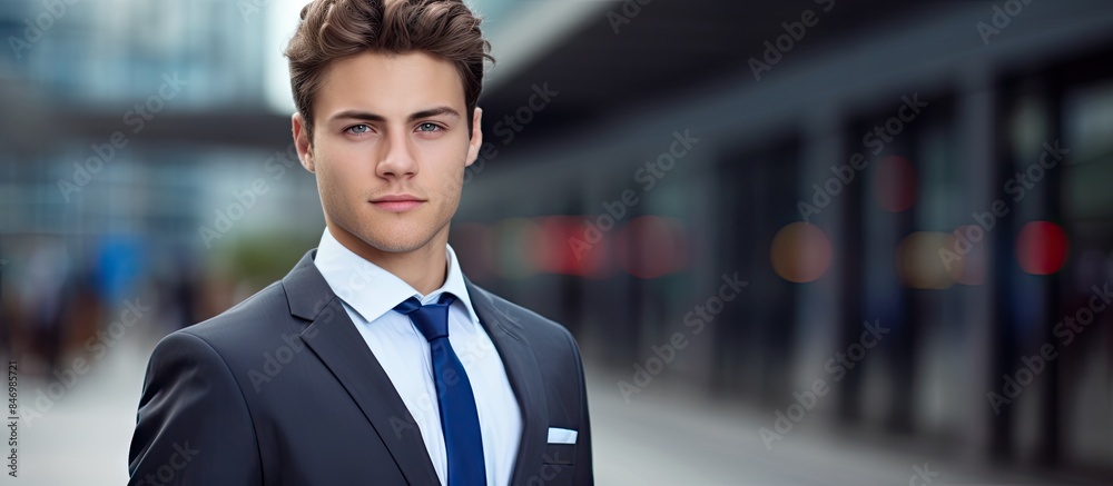 Poster young professional man in a suit and tie stands confidently in a city setting. with copy space image