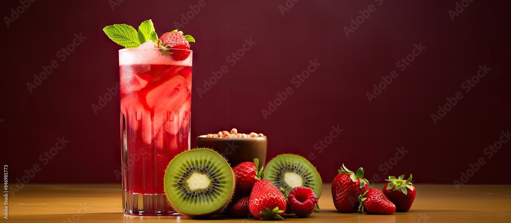Fototapete close-up view of a refreshing glass of mixed fruit juice garnished with slices of kiwi and strawberr