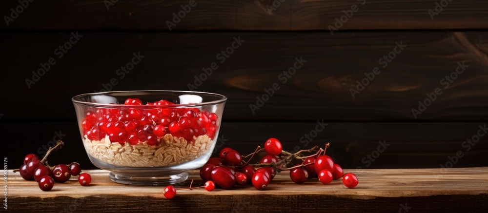 Aufkleber close-up view of a bowl filled with cereal and vibrant red berries placed on a rustic wooden table. 