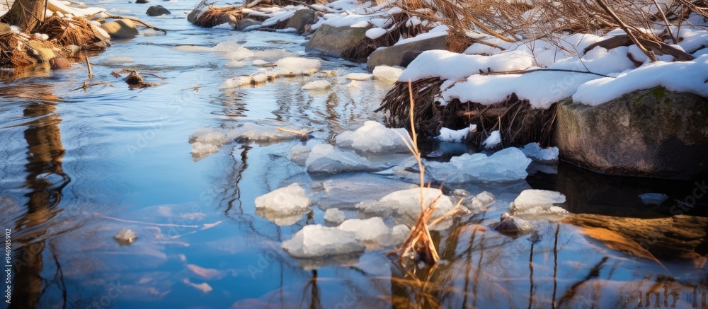 Poster Scenic view of a stream flowing through a forest landscape with rocks covered in snow. with copy space image. Place for adding text or design