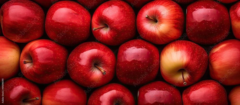 Poster Multiple ripe red apples piled together, creating a vibrant and appetizing display. with copy space image. Place for adding text or design
