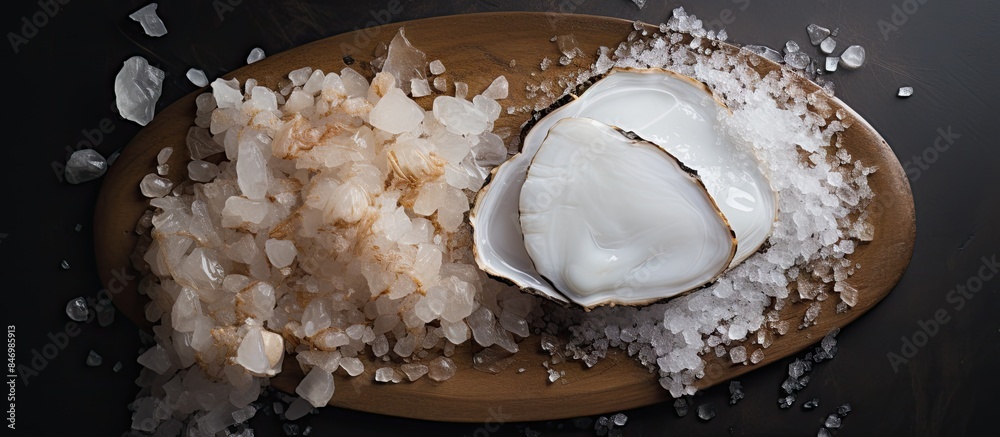 Leinwandbilder Oyster shell and sea salt on a wooden plate, accompanied by a sliced dried fruit with a dash of discharge. with copy space image. Place for adding text or design