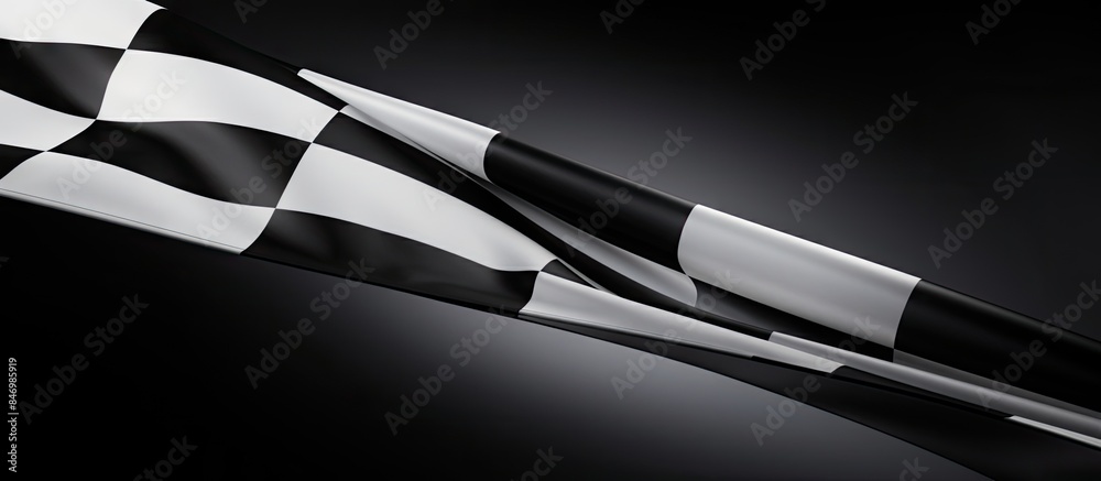 Poster A close-up view of a black and white flag with a checkered pattern, fluttering in the breeze at a racing event. with copy space image. Place for adding text or design