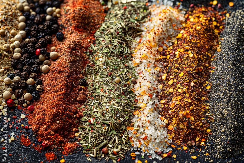 Poster a variety of spices laid out on a dark countertop, perfect for adding flavor to grilled meats. gener