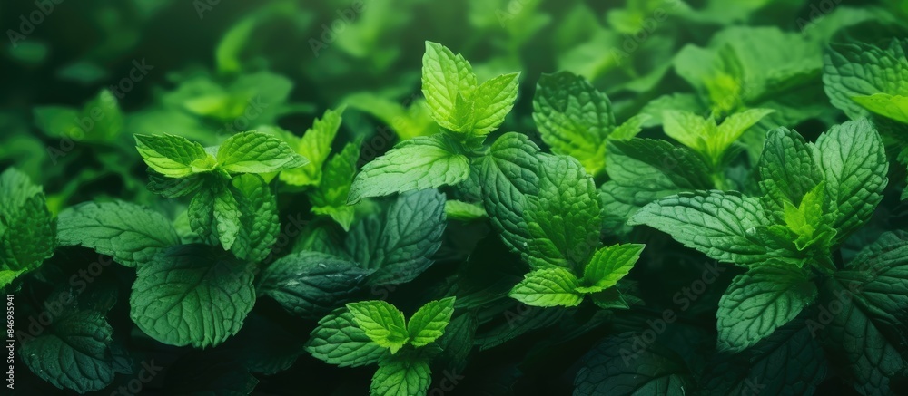 Poster lush green leaves on a plant captured up close, creating a natural and vibrant outdoor background. w