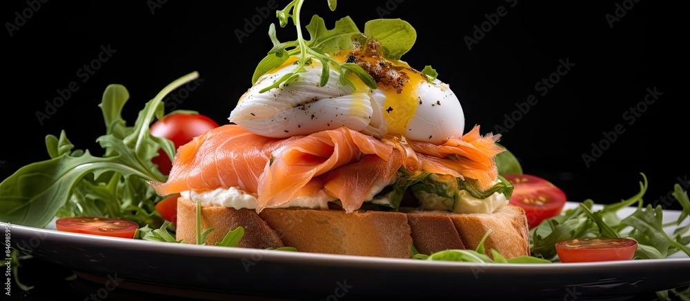 Leinwandbilder sandwich features a tasty combination of poached egg, parma ham, and smoked salmon on a plate. with 