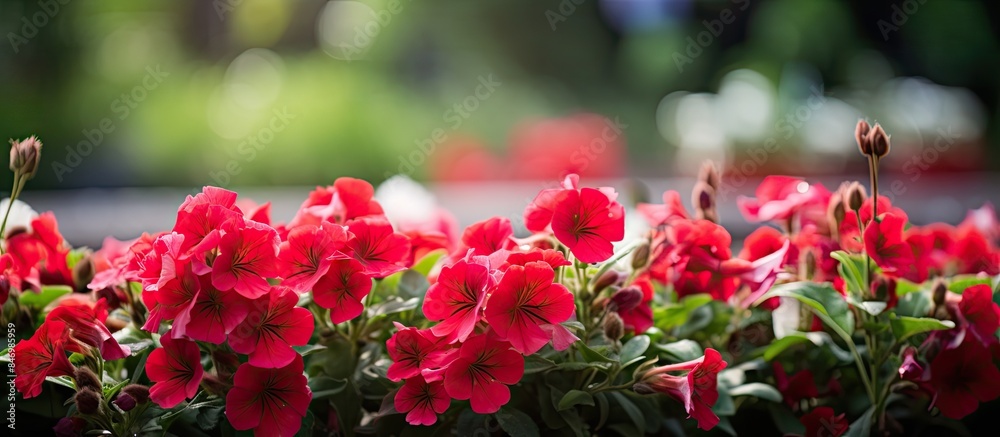 Fototapete multiple vibrant red flowers blooming in a pot elegantly placed on a table. with copy space image. p