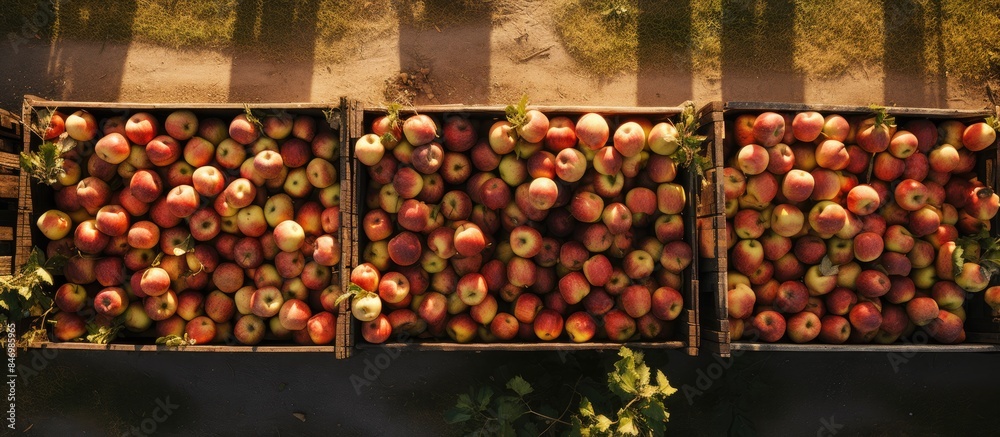 Aufkleber Freshly harvested apples stored in wooden crates on a rustic outdoor setting with grass and dirt. with copy space image. Place for adding text or design