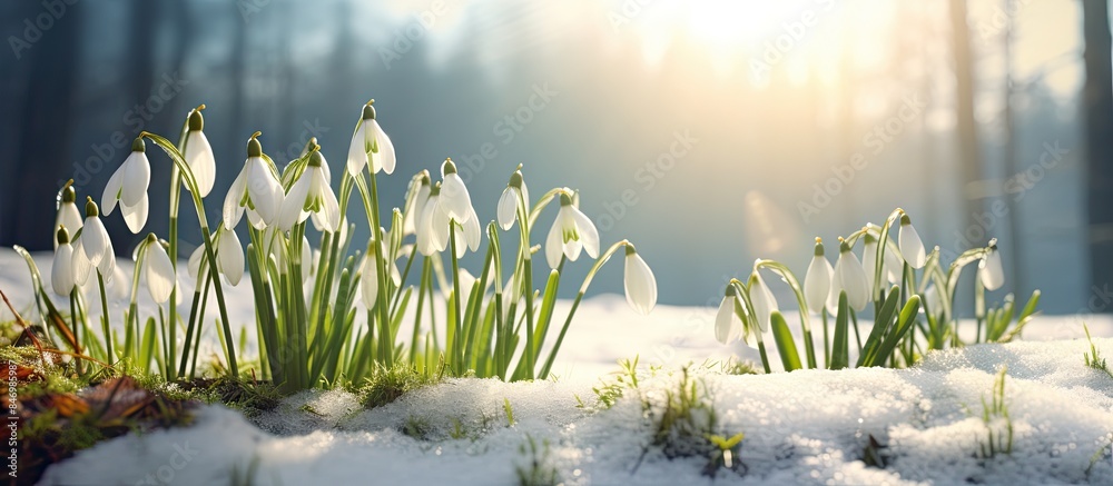Poster snowdrop flowers bravely emerge in the wintry scandinavian scenery as the grip of winter loosens its
