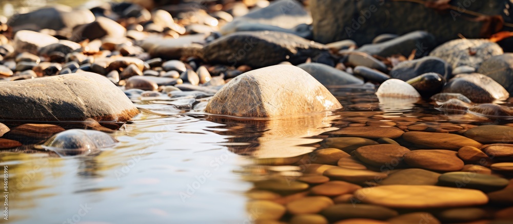 Leinwandbilder water gently trickles through rocks and grass in a serene natural setting. with copy space image. pl