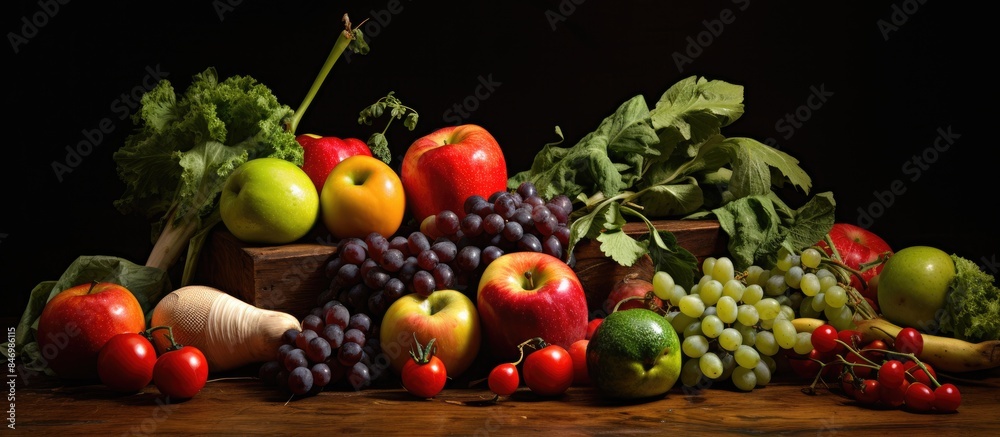 Aufkleber Assortment of fresh fruits and vegetables arranged on a table in a dimly lit studio in Los Angeles. with copy space image. Place for adding text or design