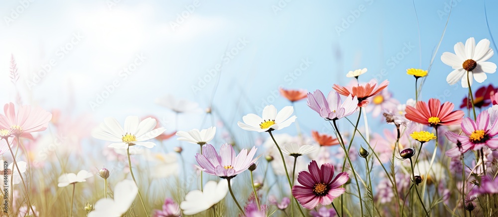 Poster vibrant summer wildflowers bloom abundantly in a meadow under a clear blue sky, creating a picturesq