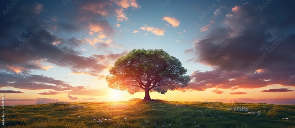 Fototapete Sunset casts golden glow behind a lone tree standing on a picturesque hill covered in lush green grass. with copy space image. Place for adding text or design