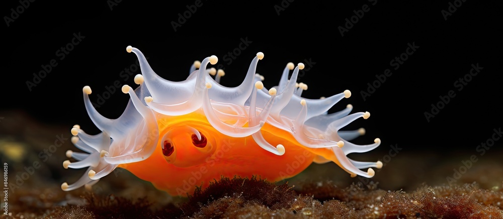 Poster yellow and white sea anemone with a distinct face in a detailed close-up shot, alongside an orange m