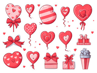 Valentine's day pink and red gradient hearts love and gift box set isolated on white background. Vector illustration. 3d pastel love symbols. Valentin holiday icons concept