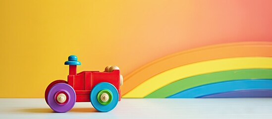 Colorful toy train displayed against white background juxtaposed with vibrant rainbow colors. with copy space image. Place for adding text or design