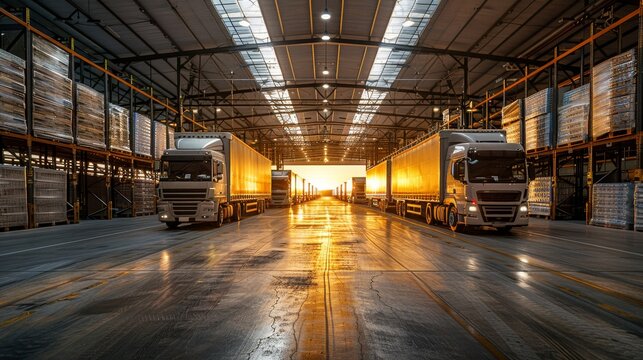 Warehouse interior during loading, docked trucks, bustling activity,