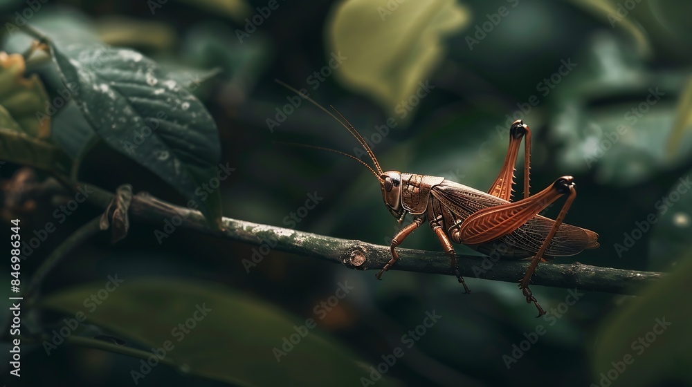 Poster brown grasshopper on a branch macro photo of this cute orthoptera insect in the grass somewhere in t