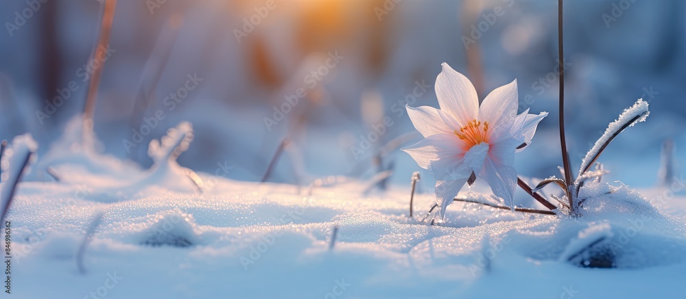 Poster white flower contrasts against snow, illuminated by sun rays in a serene winter scene. with copy spa