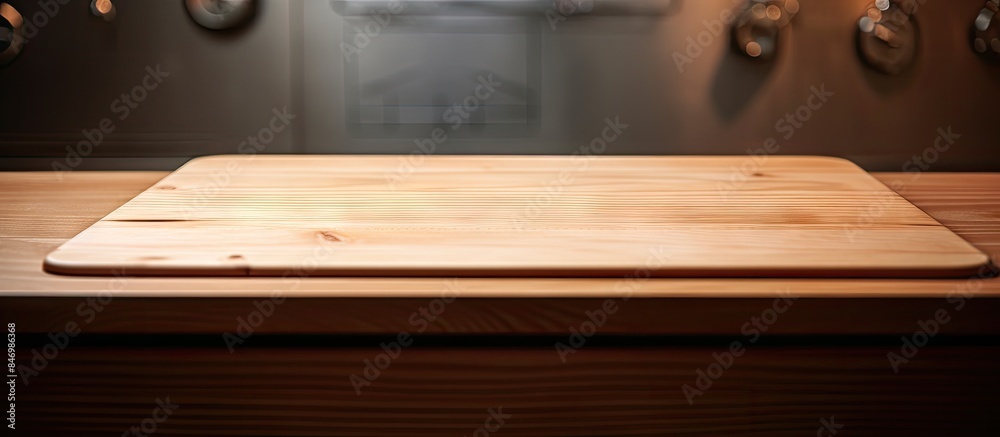 Poster wooden cutting board placed on the kitchen counter. with copy space image. place for adding text or 