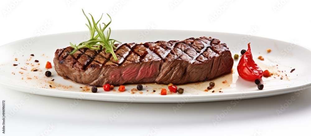 Fototapete grilled beef steak served on a white plate with a red chili pepper and various spices, isolated on a