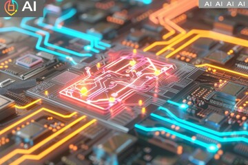 Obraz premium AI circuit board with neon lights, digital art, technology innovation, artificial intelligence, high tech visuals, cyber theme, modern design