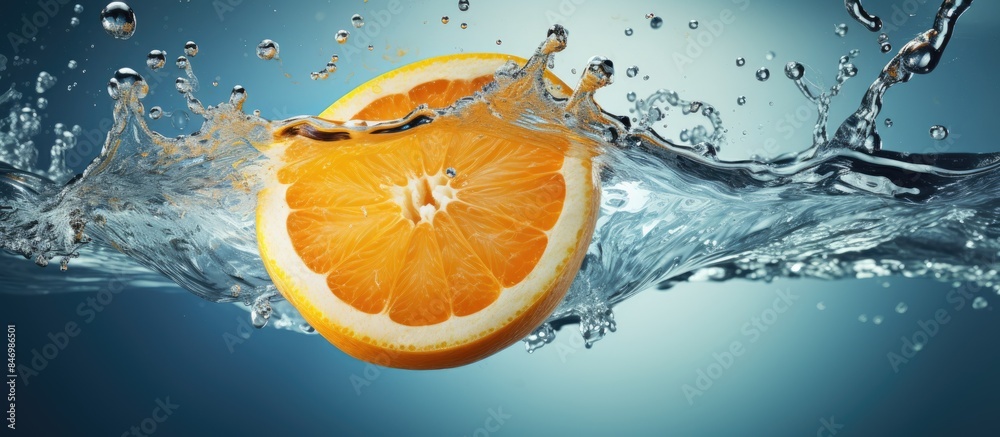 Poster An orange fruit drops into the water, creating a splash of water around it. with copy space image. Place for adding text or design