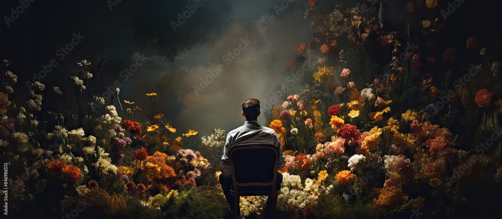 Poster sitting man chair surrounded vibrant blooming flowers scenic view. with copy space image. place for 