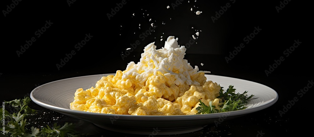 Poster scrambled eggs served on a white plate with cheese, placed on a tabletop surface. with copy space im
