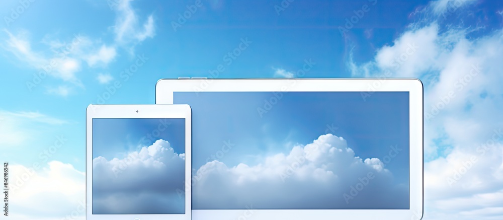Aufkleber Two modern laptops resting on a table's surface. with copy space image. Place for adding text or design