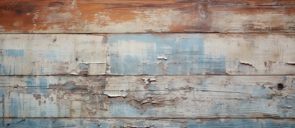 Poster weathered vintage wooden wall showing signs of peeling paint, creating a textured background. with c