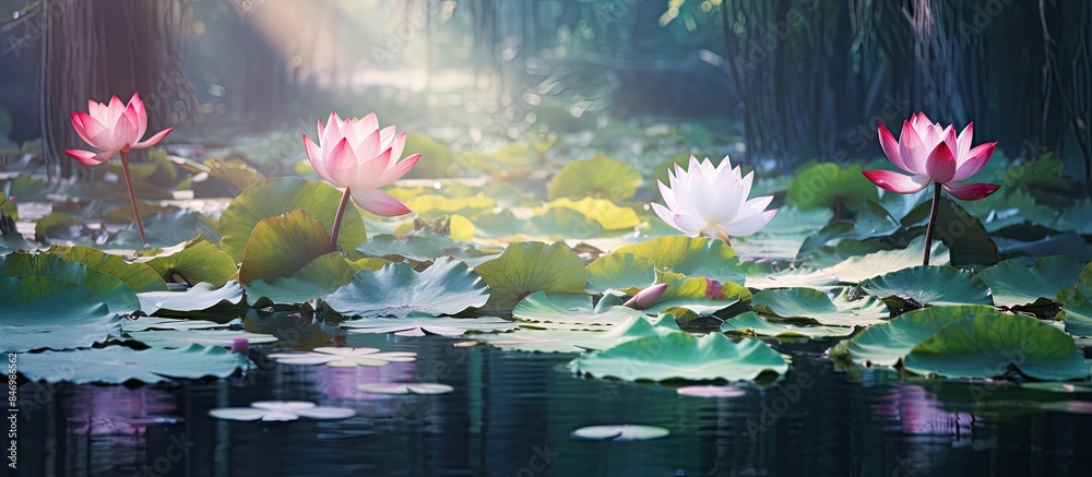 Leinwandbilder budding lotus blossoms grace the tranquil pond as sunlight filters through the lush surrounding tree