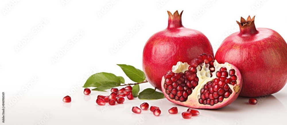 Leinwandbilder red ripe pomegranate cut in half displayed with two whole pomegranates on a white background, showca