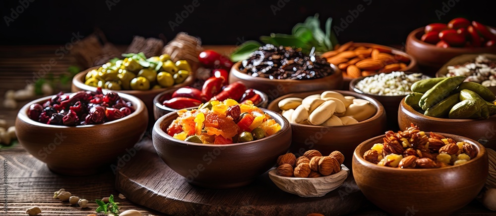 Leinwandbilder wooden bowls containing a delectable selection of savory party snacks laid out on a table. with copy