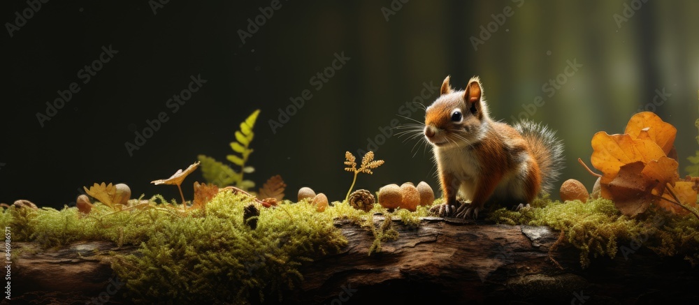 Poster european nuthatch, sitta europaea, perched on a wooden log covered in green moss and various mushroo
