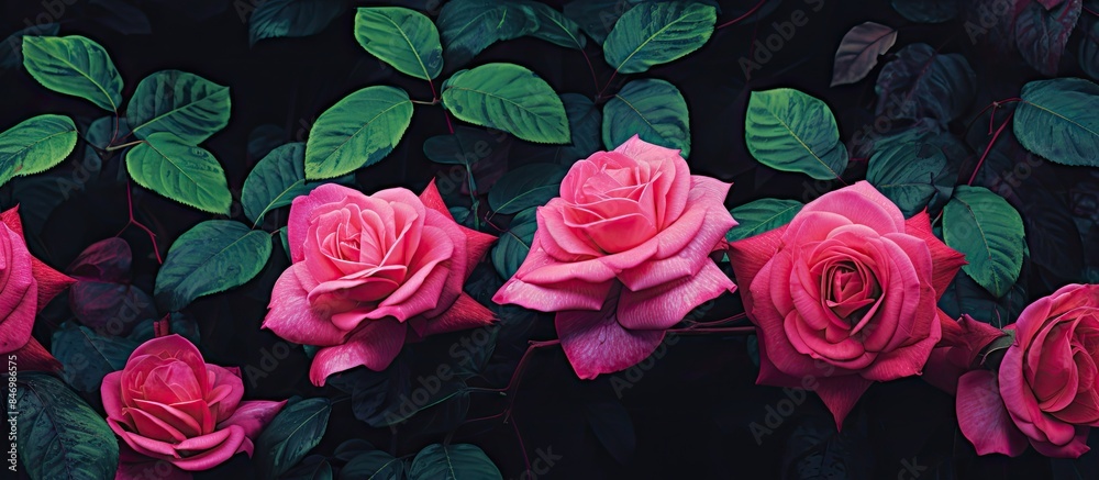 Fototapete pink roses complemented by vibrant green leaves in a garden setting with a dark background, creating
